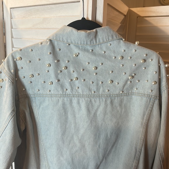 Sweet Generis Light Blue Cropped Denim Jacket With Pearl Accents - Picture 5 of 5
